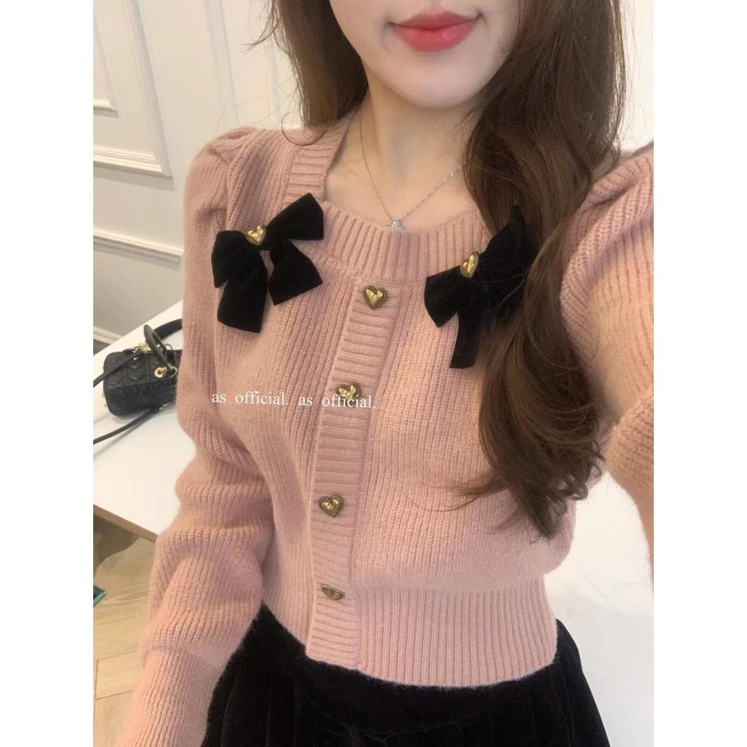 法式蝴蝶结方领毛衣长袖衬衫女2025秋冬季新款韩版设计感修身上衣