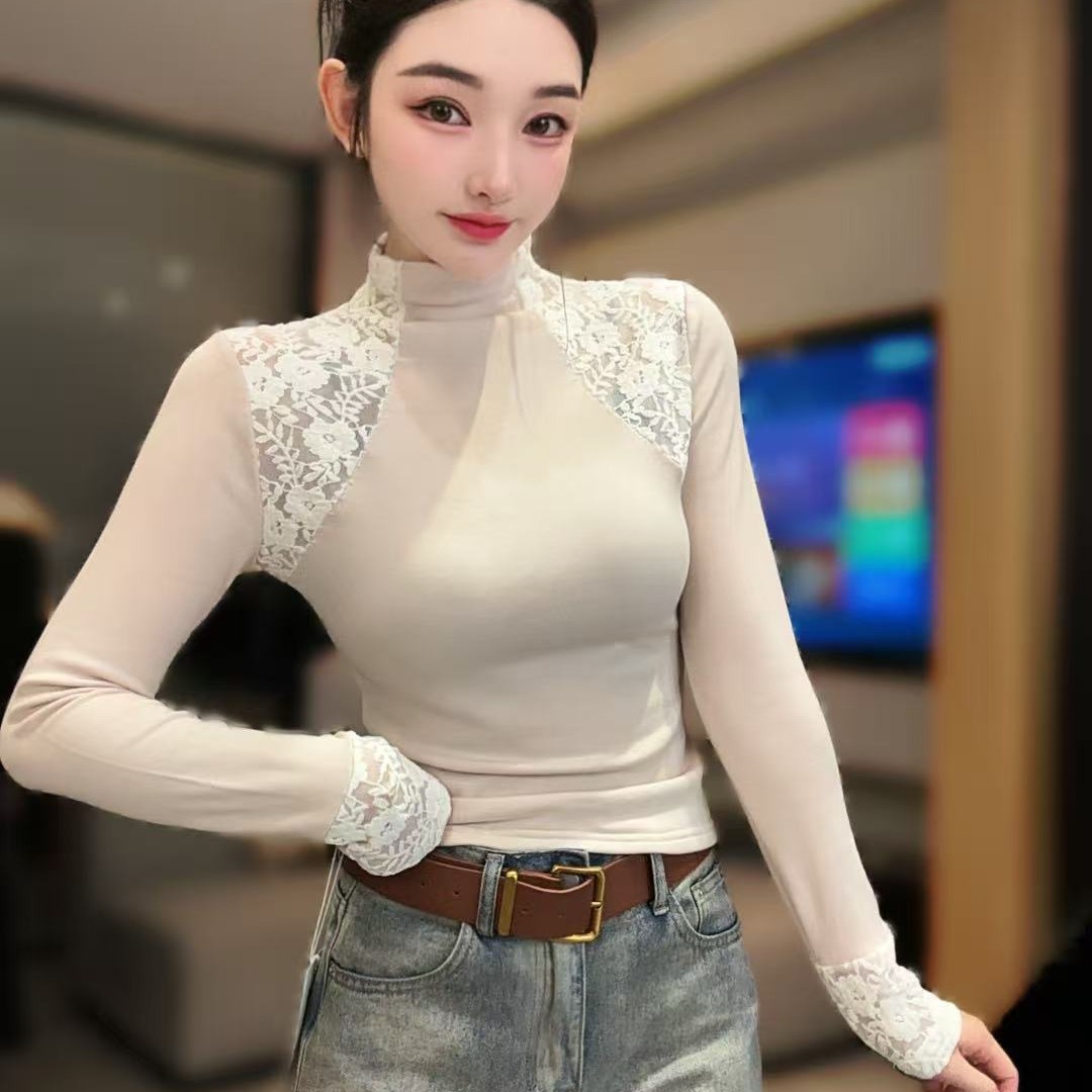 蕾丝半高领加绒抗皱T恤长袖拼接女士千金风常规T恤百搭修身气质