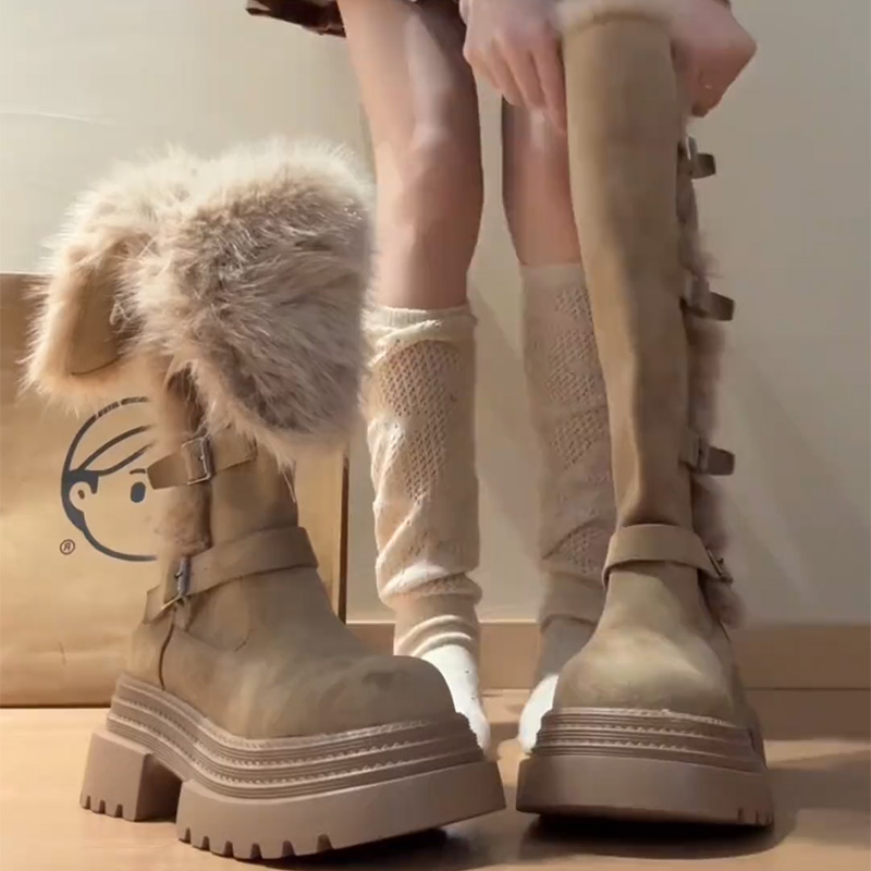 OJRZ厚底增高显腿长高筒雪地靴女2025冬季加绒加厚保暖百搭长筒靴
