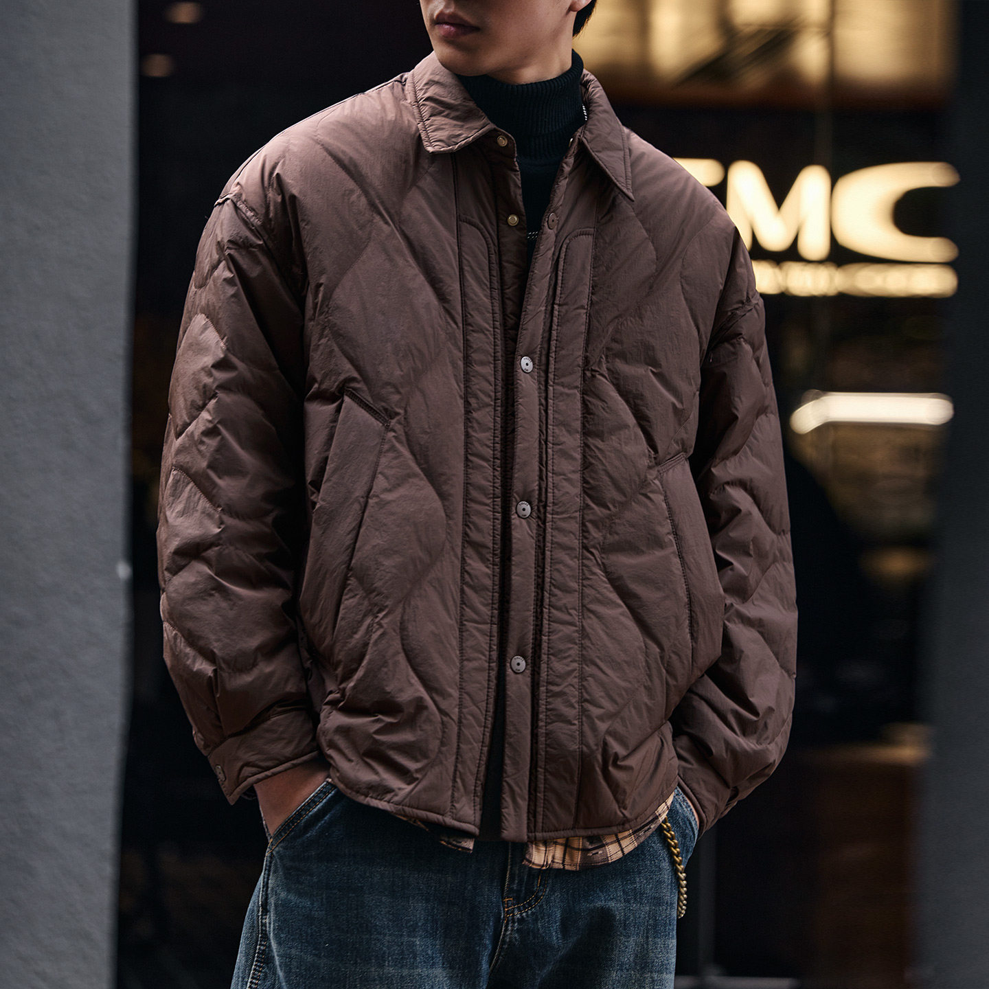 格蓝鹿高端假两件轻薄菱形格羽绒服男冬季潮牌翻领衬衫男夹克外套