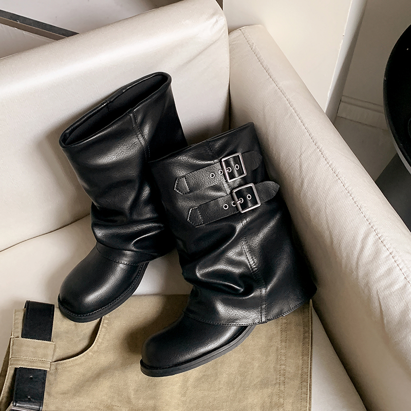 羊皮~黑色褶皱裤管靴女2025新款厚底增高流行短靴美拉德中筒靴女