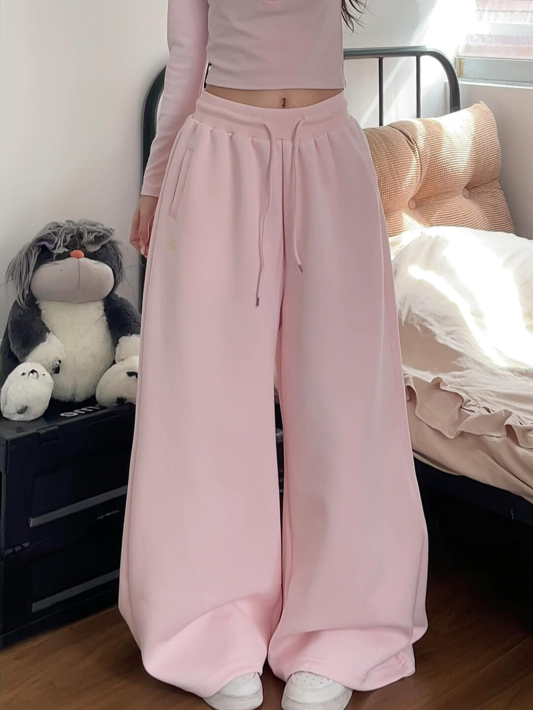 美式辣妹抽绳阔腿加绒卫裤女垂感慵懒百搭休闲运动宽松街舞拖地裤