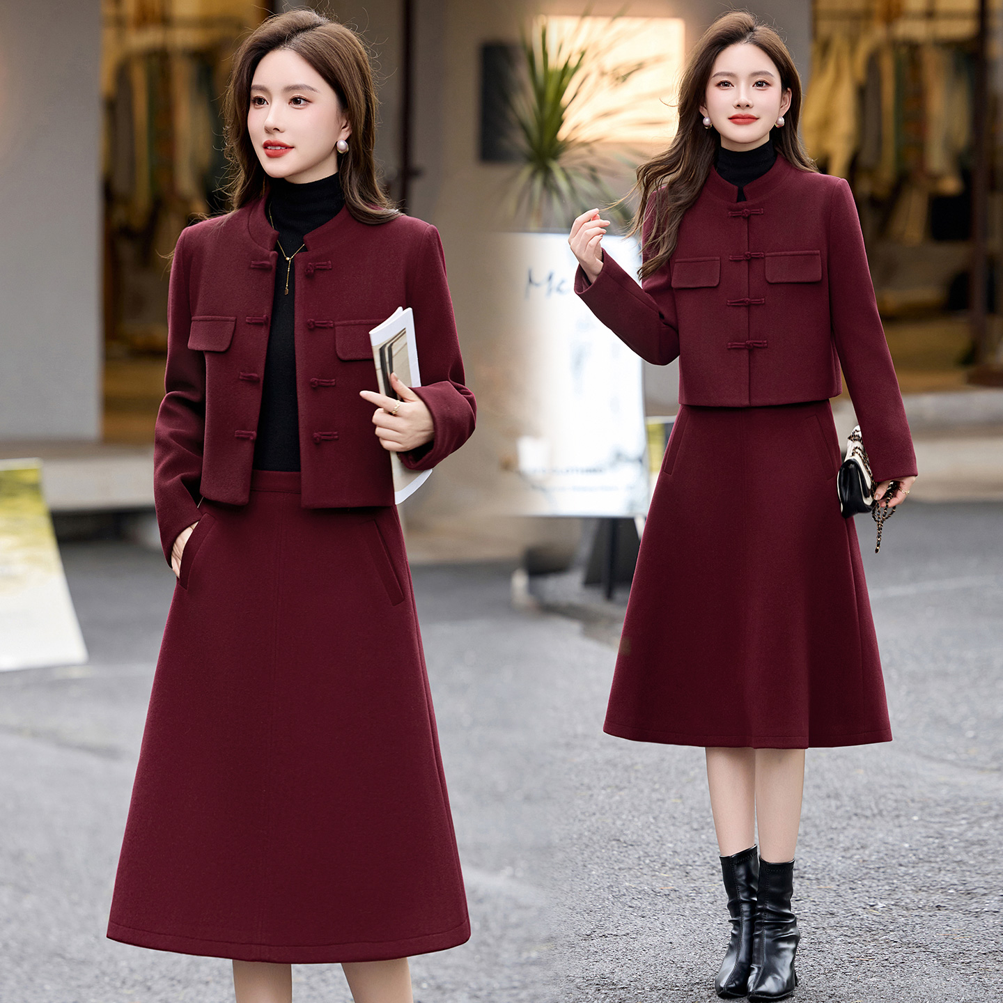 时尚套装女装气质新中式小个子毛呢春秋显瘦洋气春秋红色半身裙