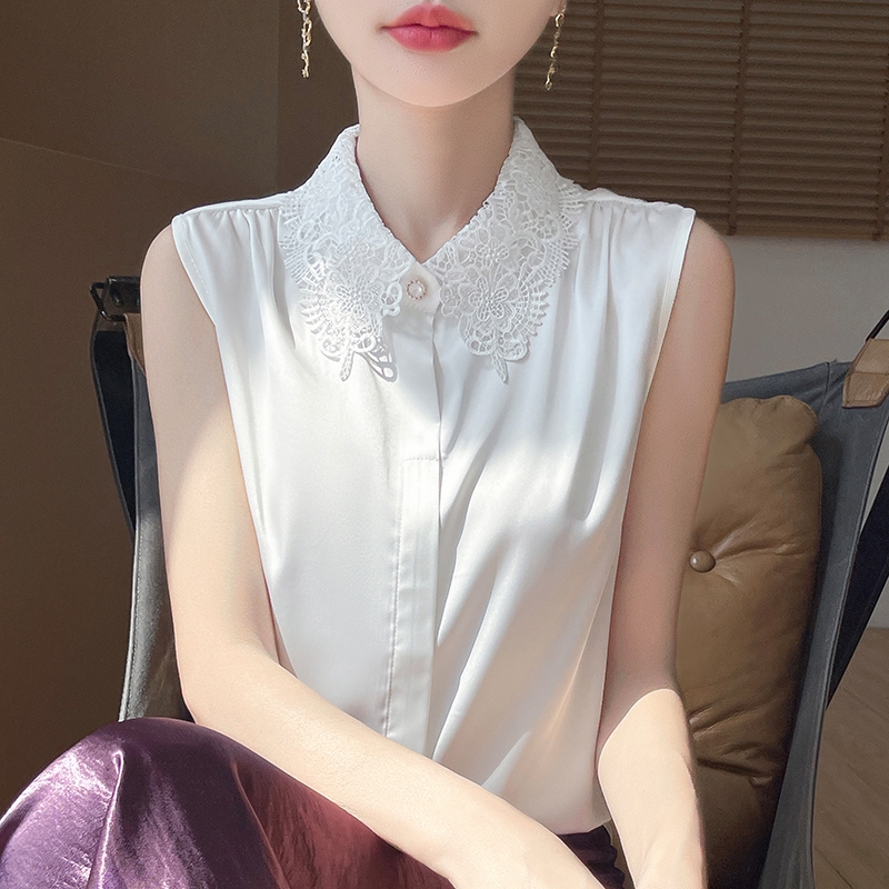 【浪漫千金】高级感蕾丝花边镂空翻领无袖衬衫气质百搭打底上衣女