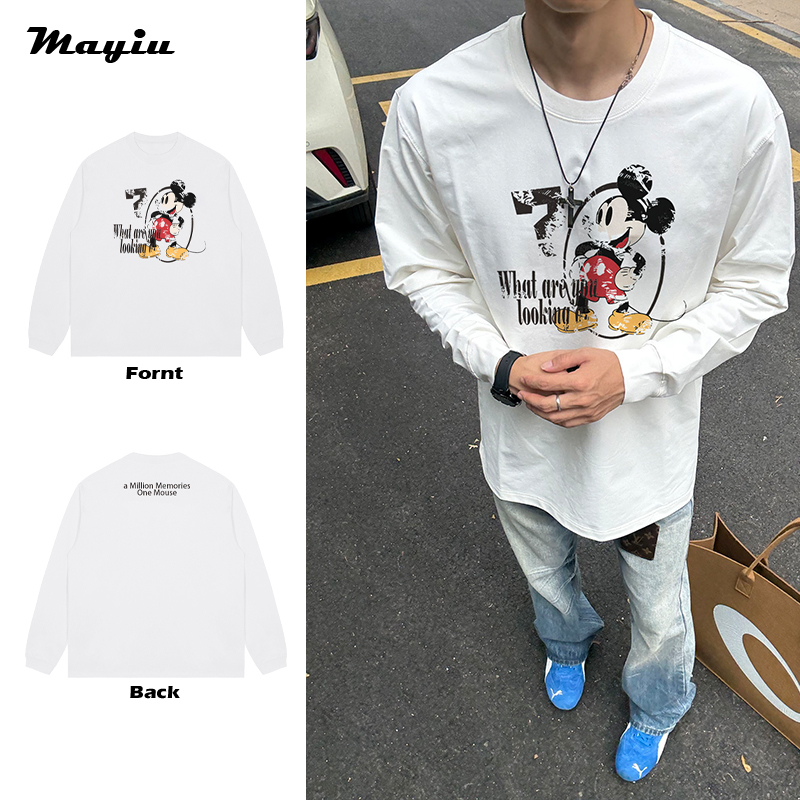 美式高街米奇卡通图案字母印花设计宽松休闲落肩袖圆领长袖T恤
