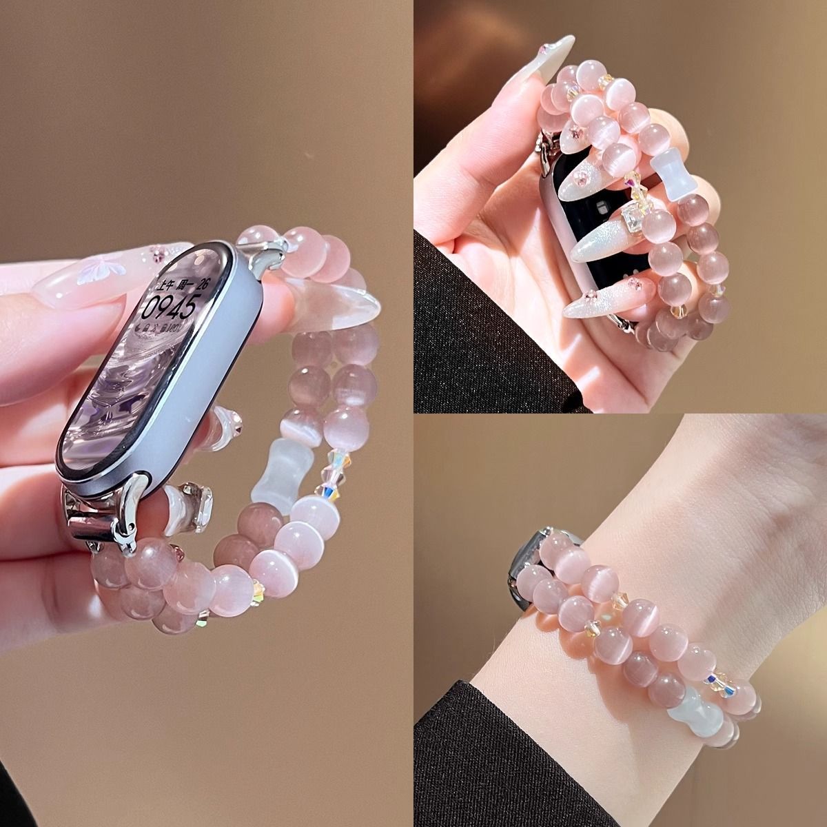适用小米手环8/9/10手链表带紫水晶猫眼石串珠弹力女款腕带夏季