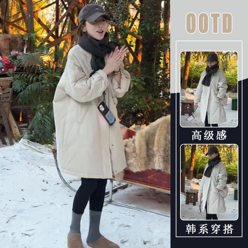大码韩国女装秋季新款胖mm时尚休闲宽松简约保暖中长款夹棉外套
