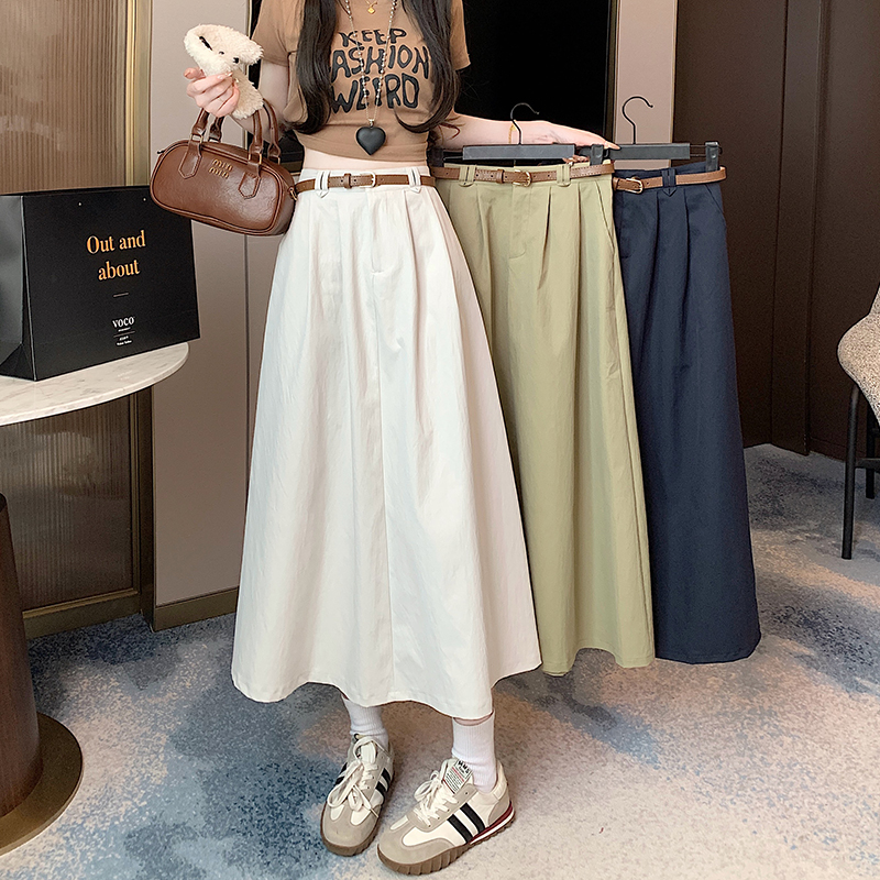 2025春夏高腰韩版遮胯显瘦中长款洗水棉A字裙休闲大摆伞裙百搭