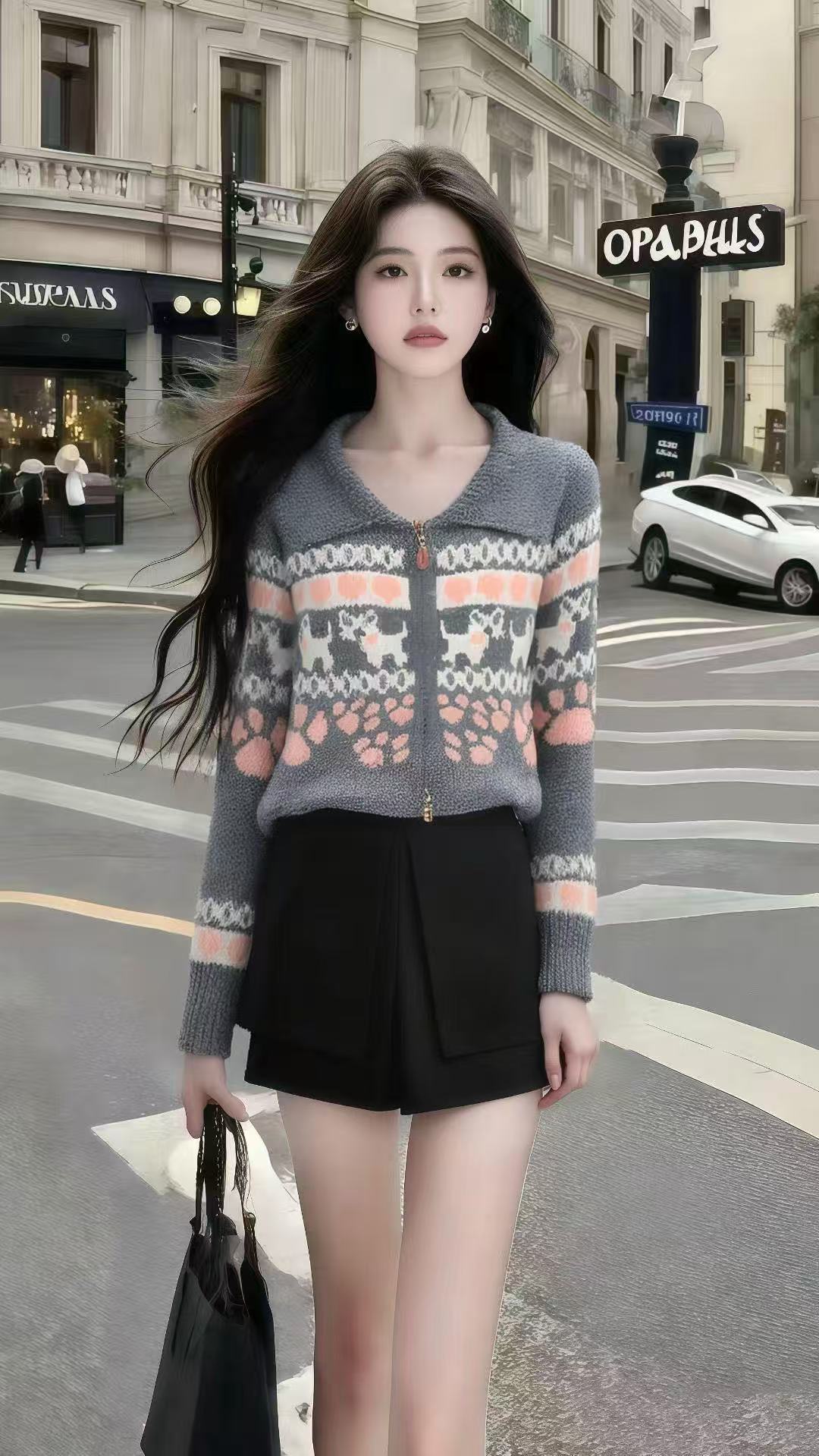 秋季小众甜美氛围感穿搭灰色长袖翻领拉链设计上衣+黑色百搭短裙