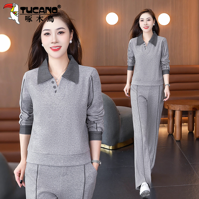 啄木鸟休闲运动服套装女2025新款春秋灰色卫衣妈妈洋气秋装两件套