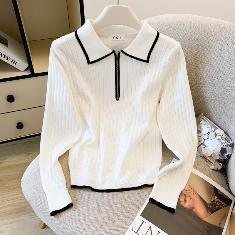 白色翻领撞色针织衫女秋季高级感气质长袖上衣设计感拉链套头毛衣