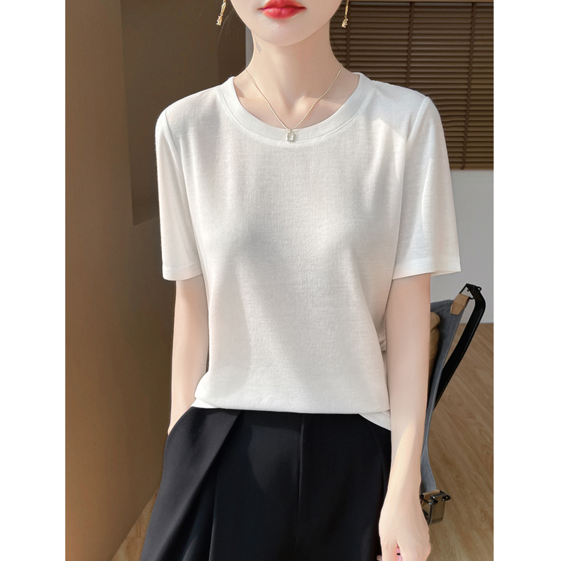 针织短袖女显瘦气质时尚T恤夏季百搭薄款上衣简约半袖宽松打底衫