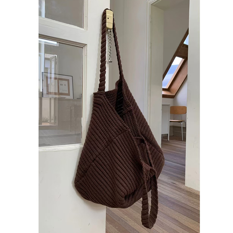 秋冬针织复古毛线钩针咖色手提袋女2025秋季韩版编织包大容量包包