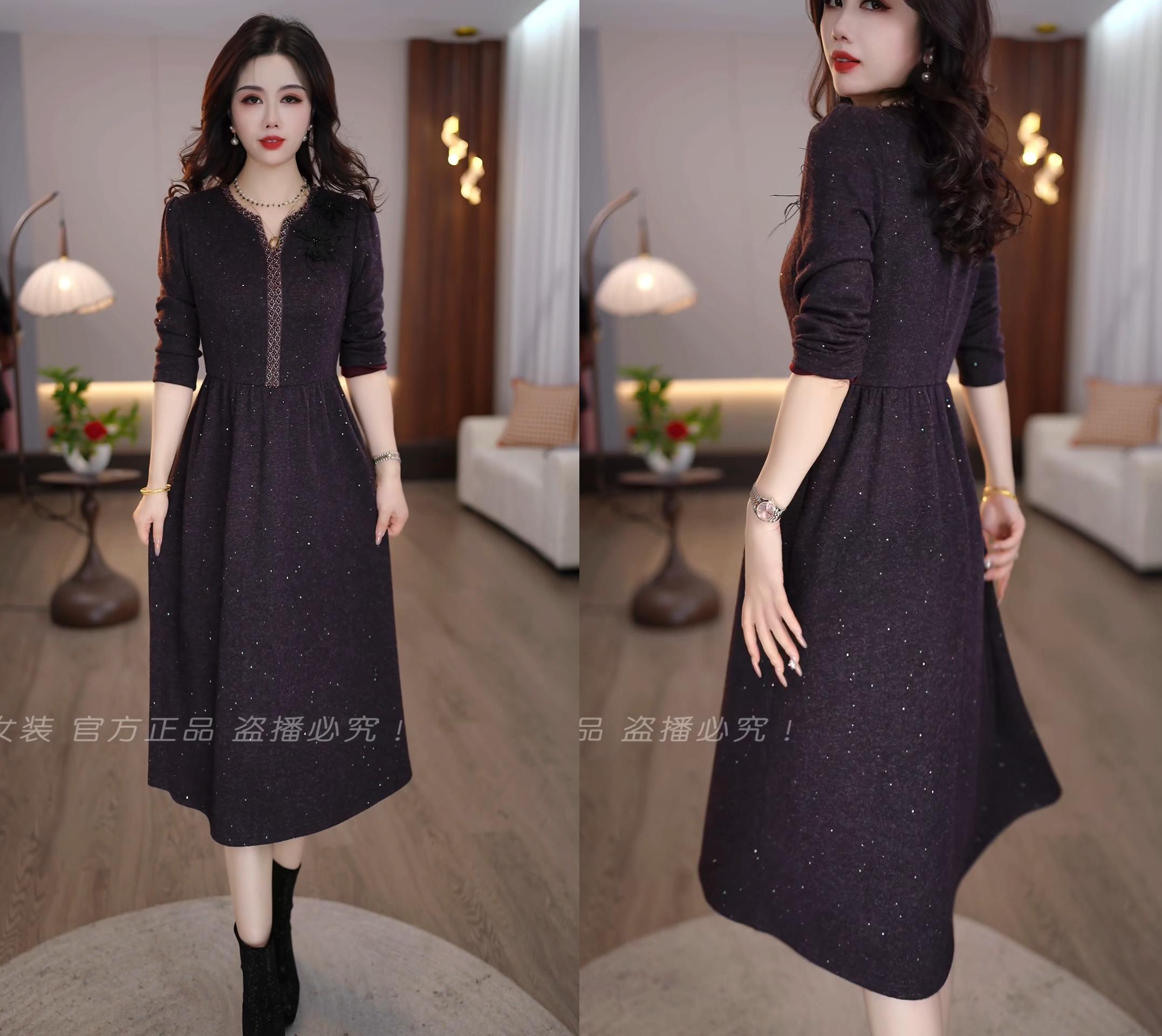 2025冬款紫色时尚气质显瘦复古精致优雅高贵名媛中长款打底连衣裙