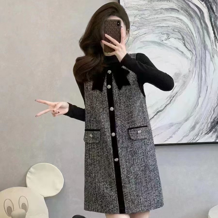 《大亭家》小香风减龄蝴蝶结韩版气质显瘦时尚设计师直筒裙8763