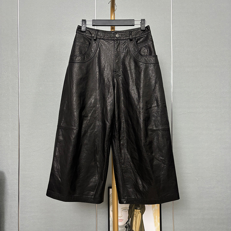 vivi同款欧洲站春秋新款时尚复古油蜡牛皮八分裤女真皮休闲阔腿裤