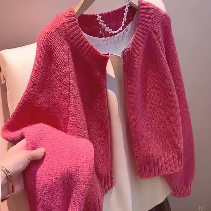 2025春秋新款韩系设计感双拉链粉色毛衣外套上衣宽松圆领针织开衫