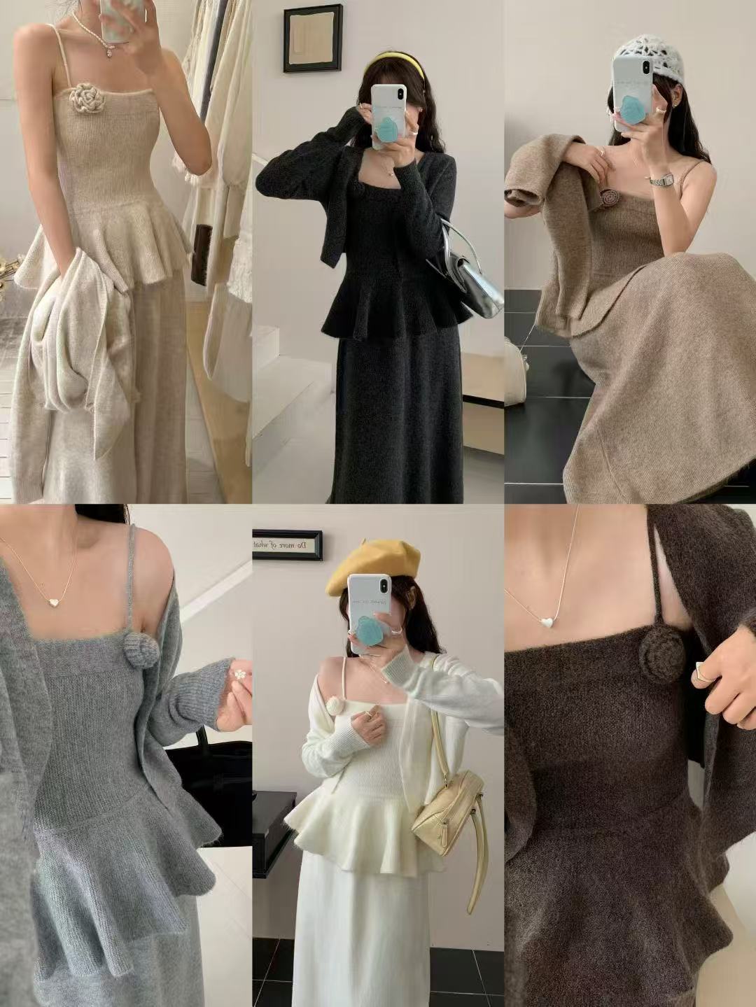 Y1638#法式温柔风套装花朵针织开衫外套吊带背心高腰半身裙三件套