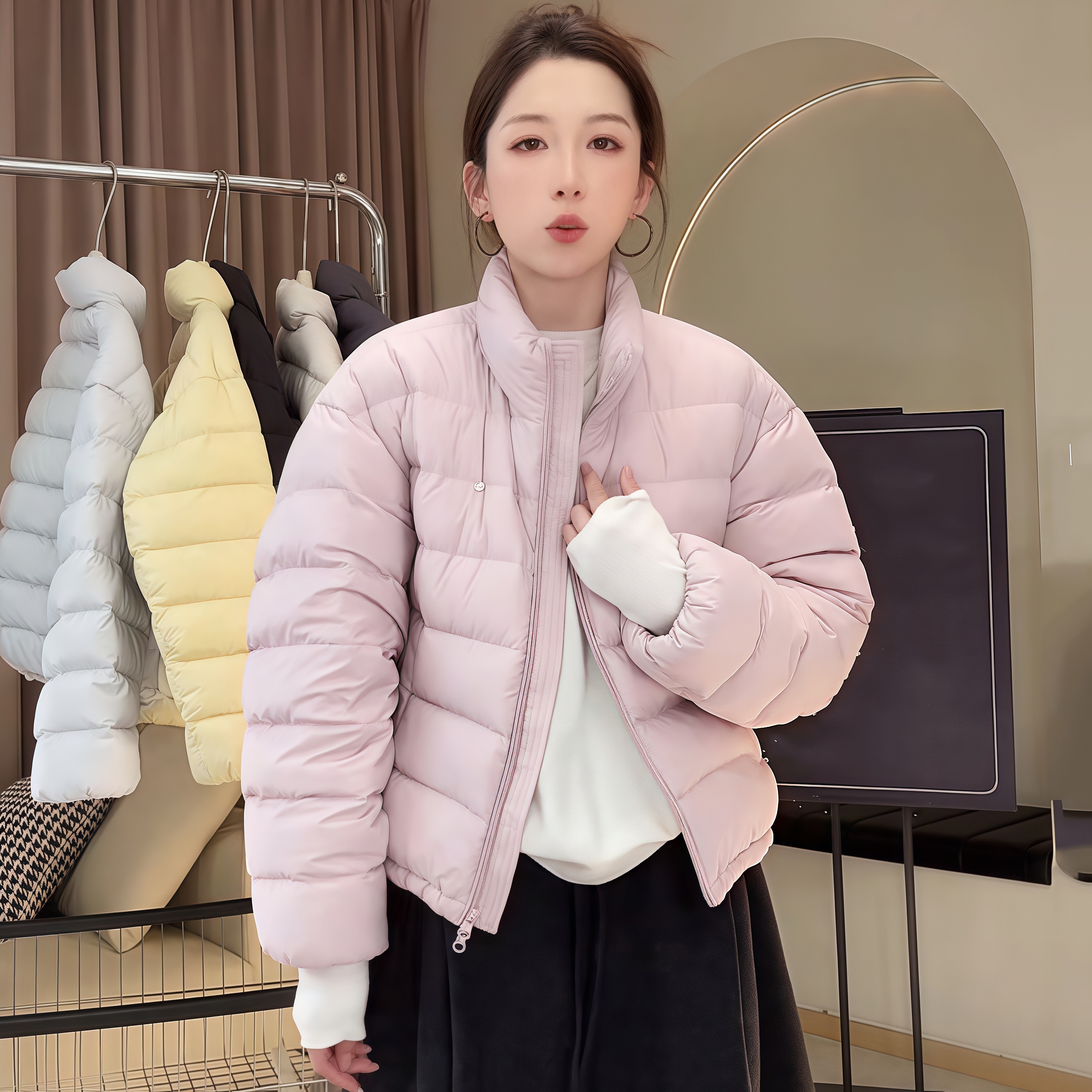 韩系立领排骨羽绒服女短款2025冬季新款轻盈加厚小个子白鸭绒外套