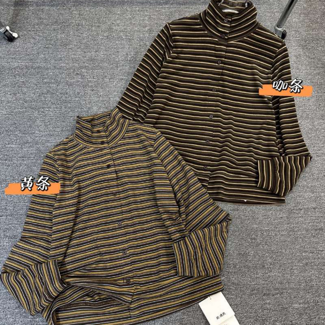 常规款长袖慵懒风条纹宽松高弹型T恤半高领保暖打底衫6238