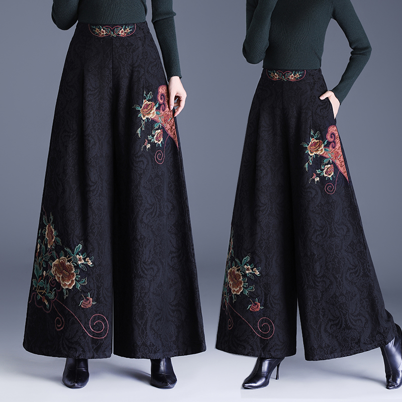 复古民族风绣花阔腿裤女秋冬宽松大码百搭显瘦缎面提花休闲厚裤子