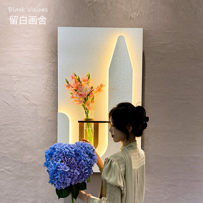 留白画舍水培绿植奶油风砂岩立体壁灯画适用于玄关客厅电表箱装饰