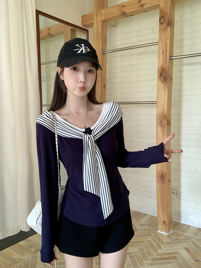 2025秋装新款胖mm大码女时尚设计感条纹绑带弧形长袖上衣A2255