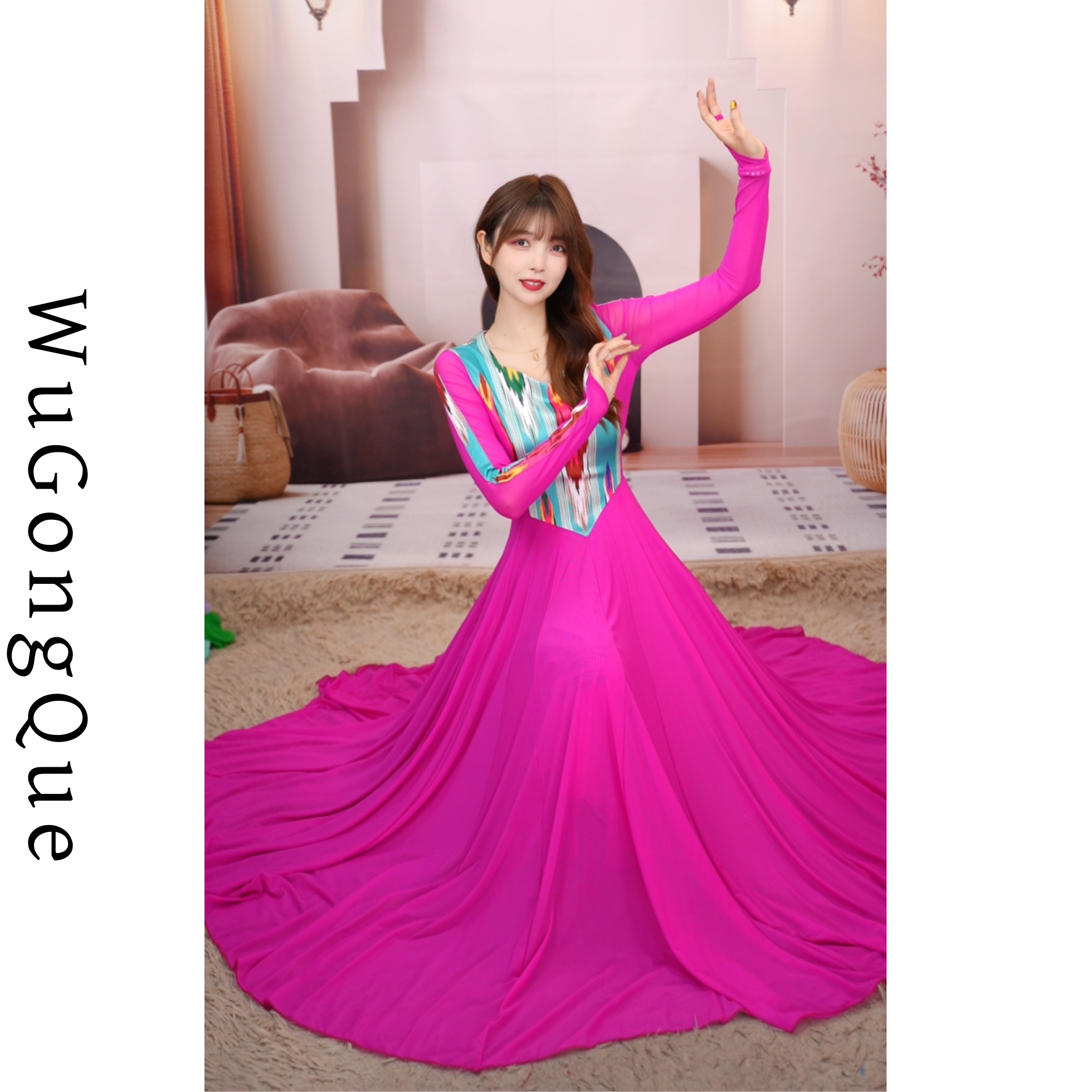 Q-02 新疆艾德莱斯网纱拼接连衣裙民族风维吾尔族舞台720新疆舞