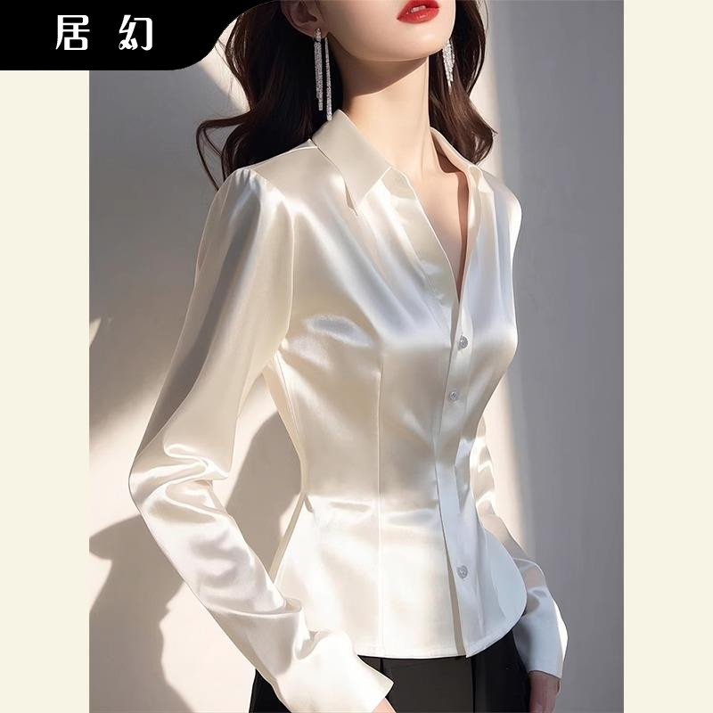 居幻爆款醋酸缎面白色衬衫秋收腰显瘦法式减龄轻奢高级感洋派上衣