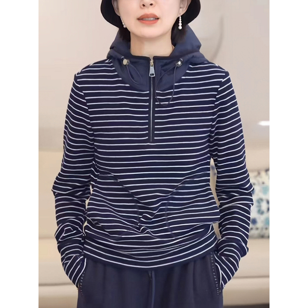 条纹连帽卫衣女士2025秋冬新款时尚减龄显瘦半拉链内搭打底衫上衣