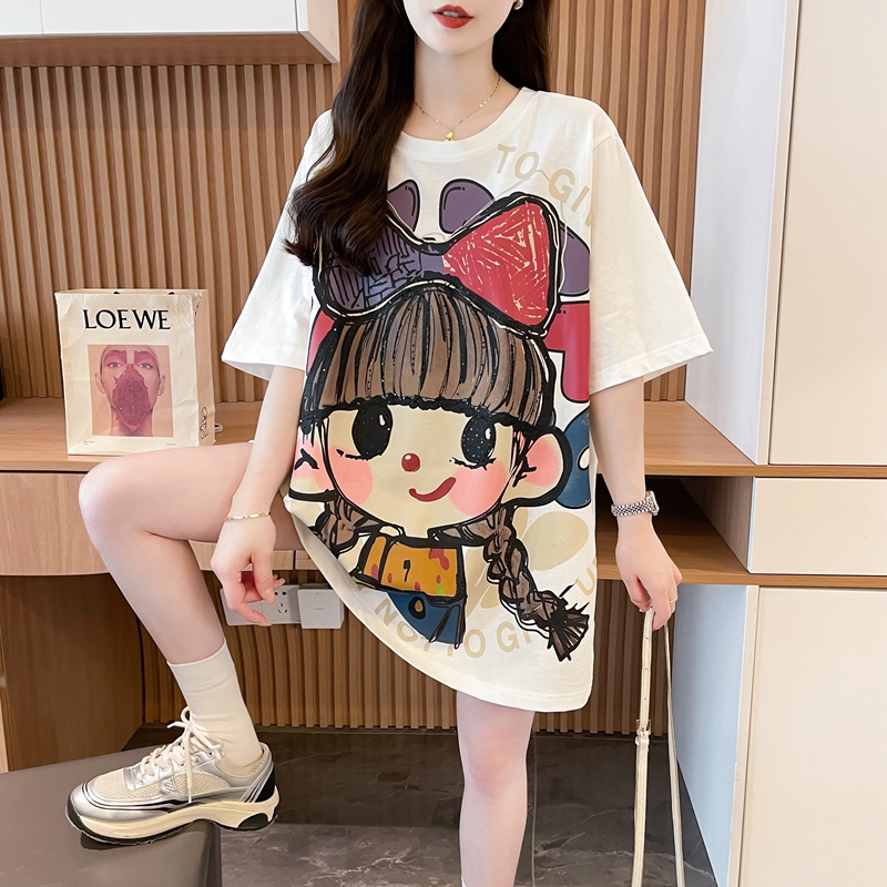 夏季韩版宽松中长款卡通纯棉短袖T恤女时尚减龄百搭显瘦半袖上衣