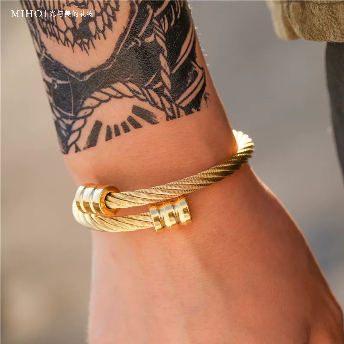 钛钢手链 简约热卖钛钢威亚线钢丝手镯男嘻哈朋克开口弹个性