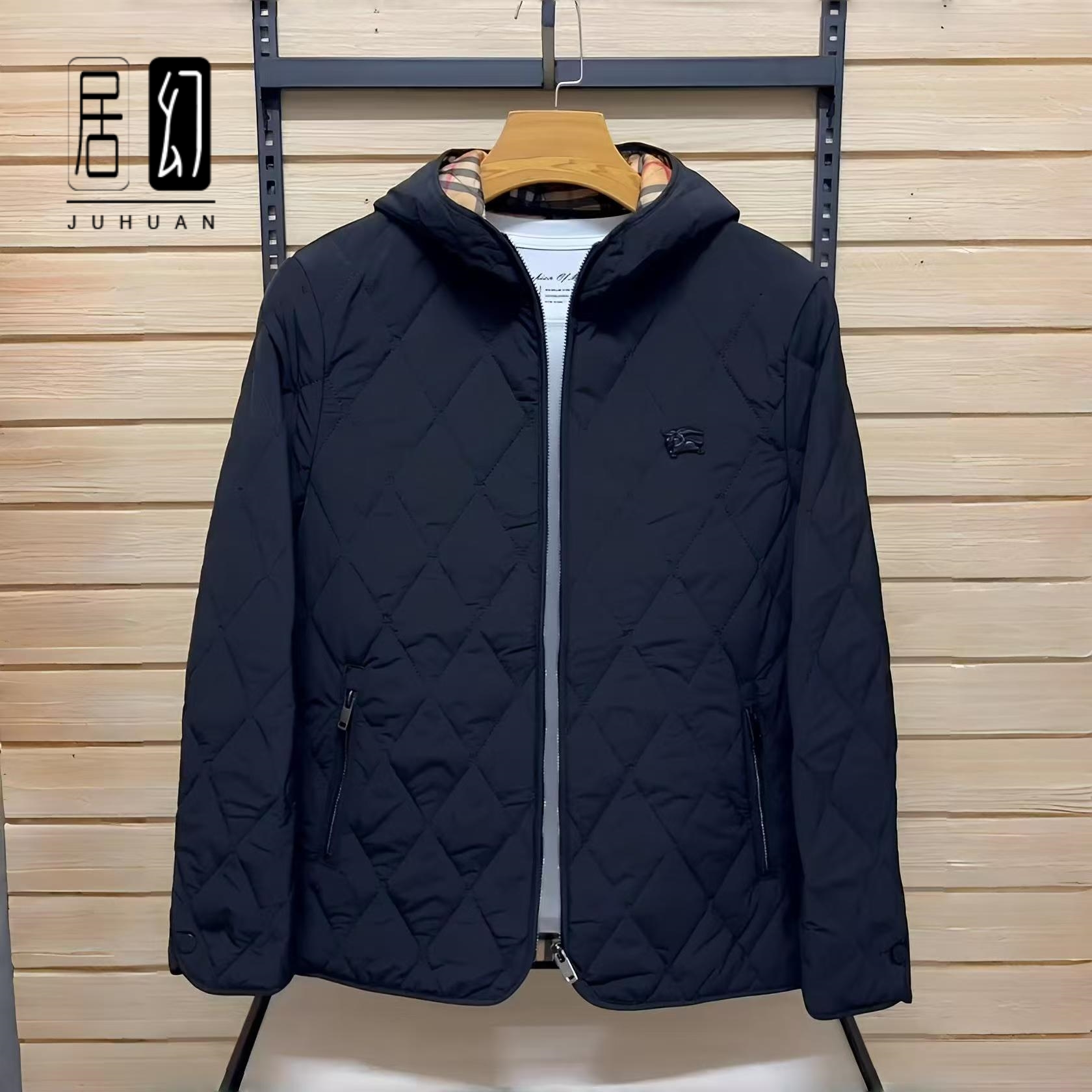 居幻夹克男2025冬季气质潮流百搭简约连帽棉袄修身菱形格棉衣外套