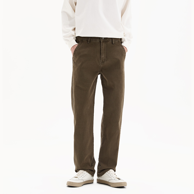 稀有荷尔蒙色系】石磨水洗精梳棉宽松弹力直筒军绿色休闲牛仔裤男