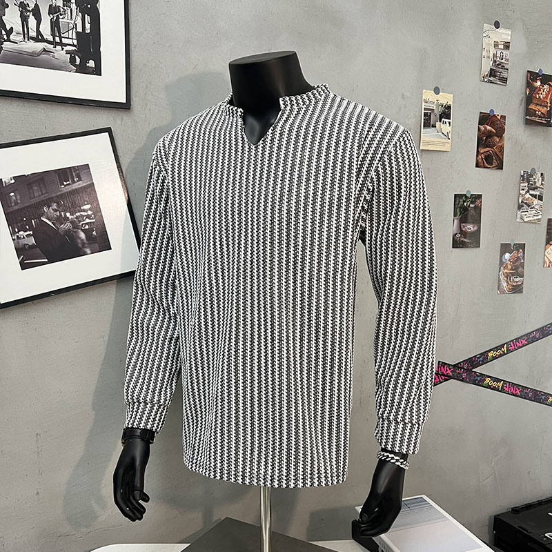 鱼骨纹v领长袖t恤男款秋季黑白拼色条纹打底衫松弛感宽松情侣上衣