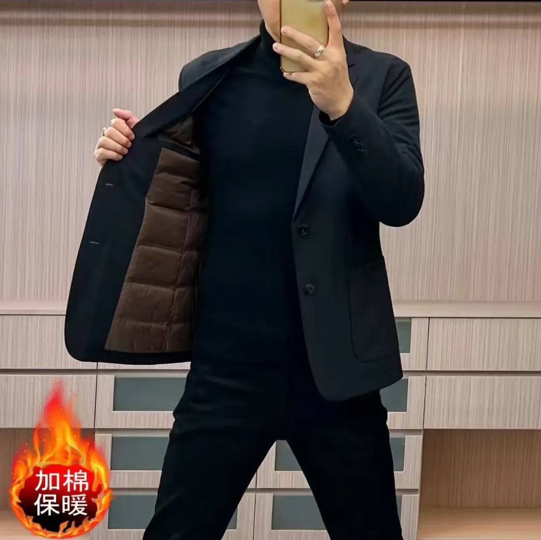 2025冬季新款男士休闲棉西服加棉款保暖加厚纯色净版黑色轻奢外套