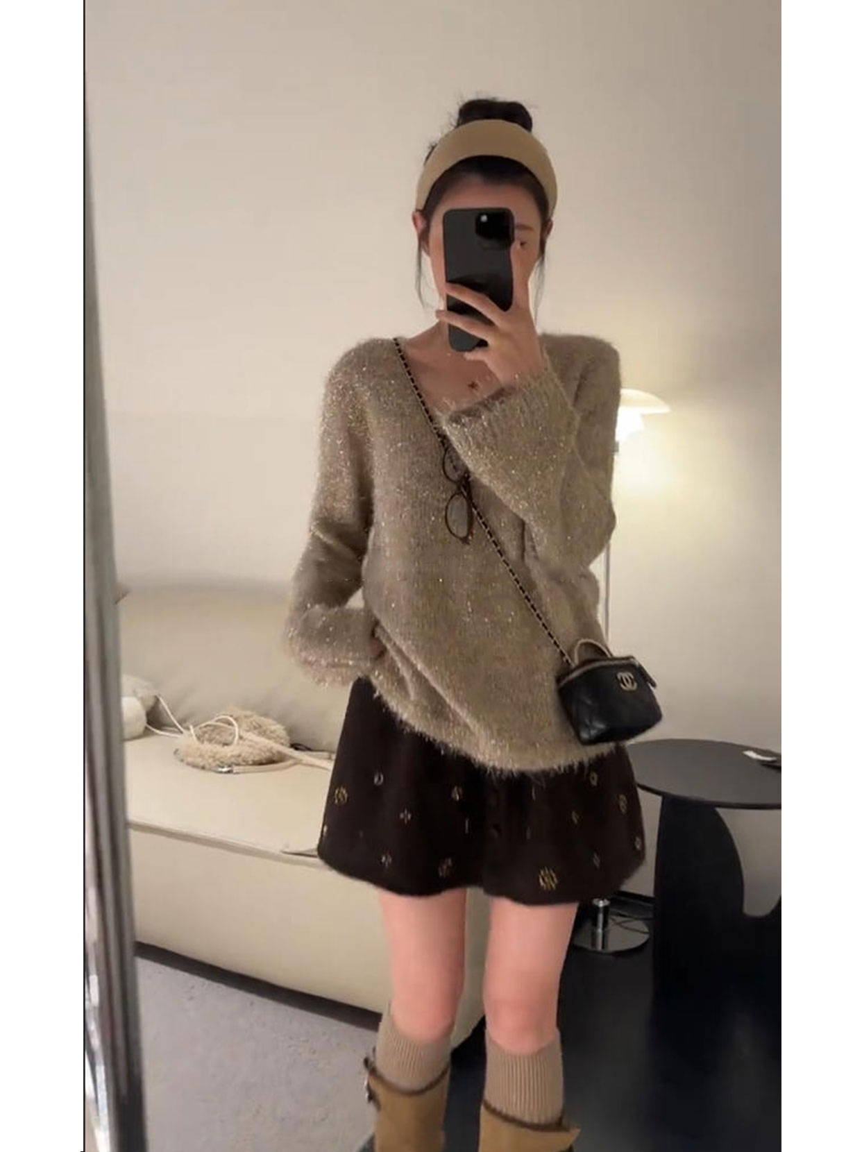 韩系温柔慵懒风穿搭套装女秋冬季百搭毛衣上衣高腰碎花短裙两件套