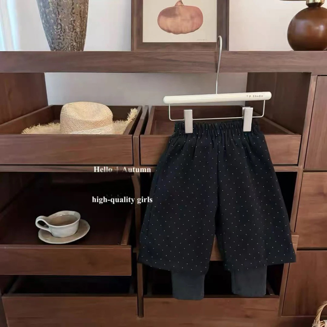 自留！高级感韩系女宝休闲波点加绒一体绒女孩百搭假两件呢子裤子