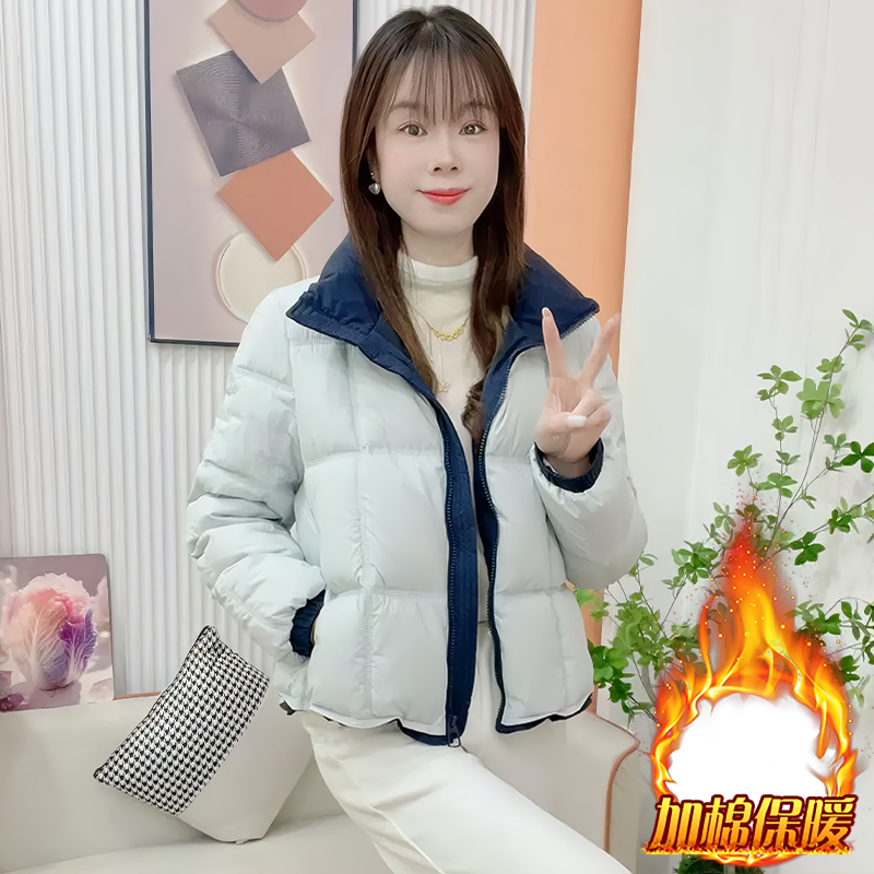 加厚韩版撞色立领小方格羽绒棉服女2025年冬季新款小个子保暖棉袄