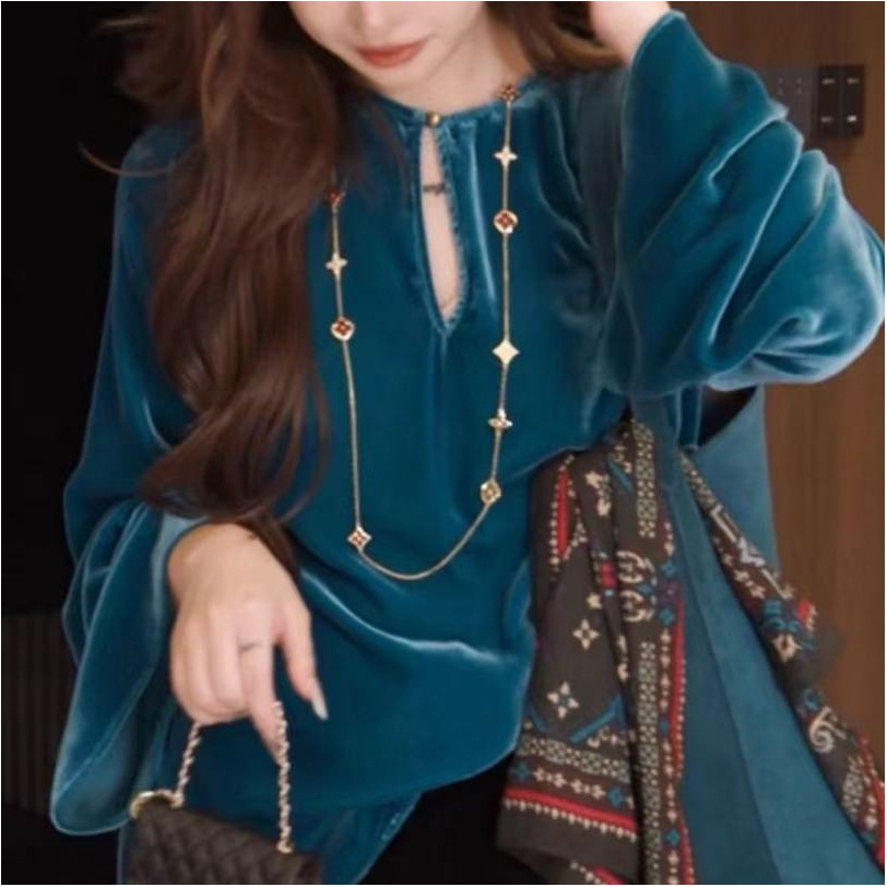 郭彦彤定制早秋款丝绒长袖上衣女新中式痞帅炸街风女装清冷系衣服