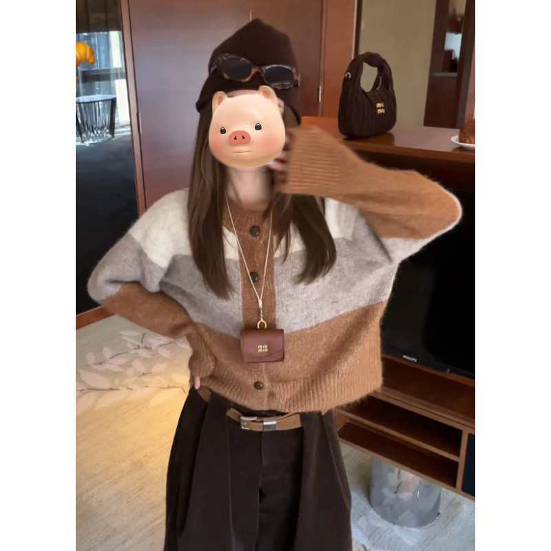 韩系早秋氛围感穿搭撞色圆领条纹毛衣开衫女秋冬季慵懒风针织外套