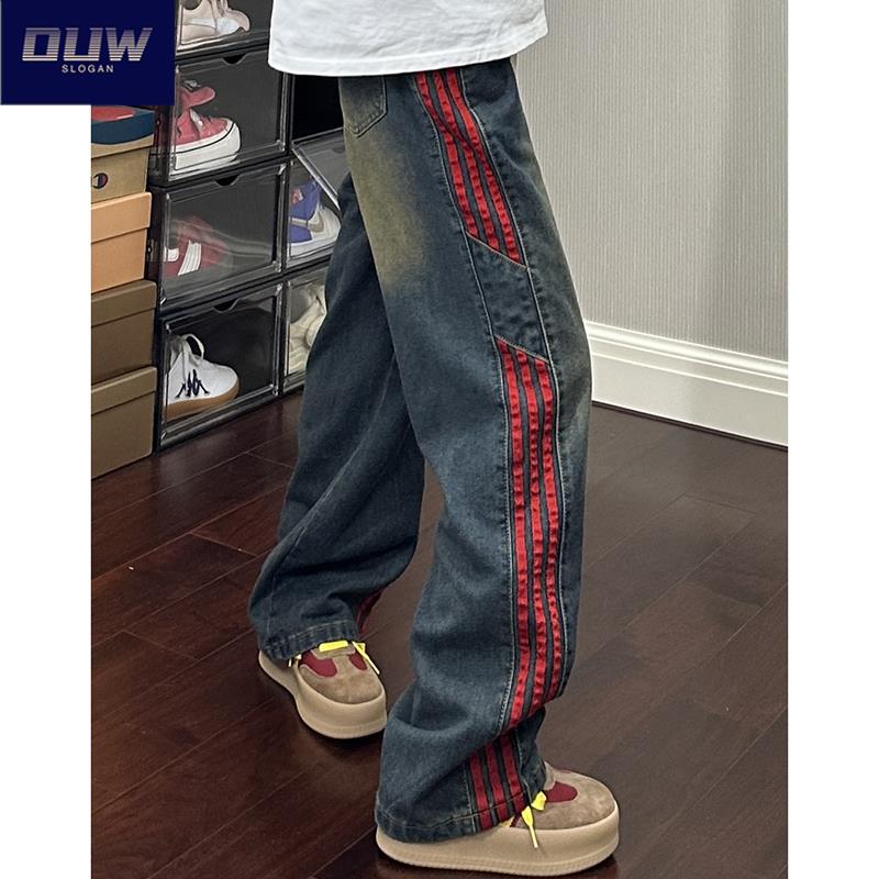 O.U.W三条杠拼接弯刀裤子男士初秋直筒长裤美式复古蓝色牛仔裤ins