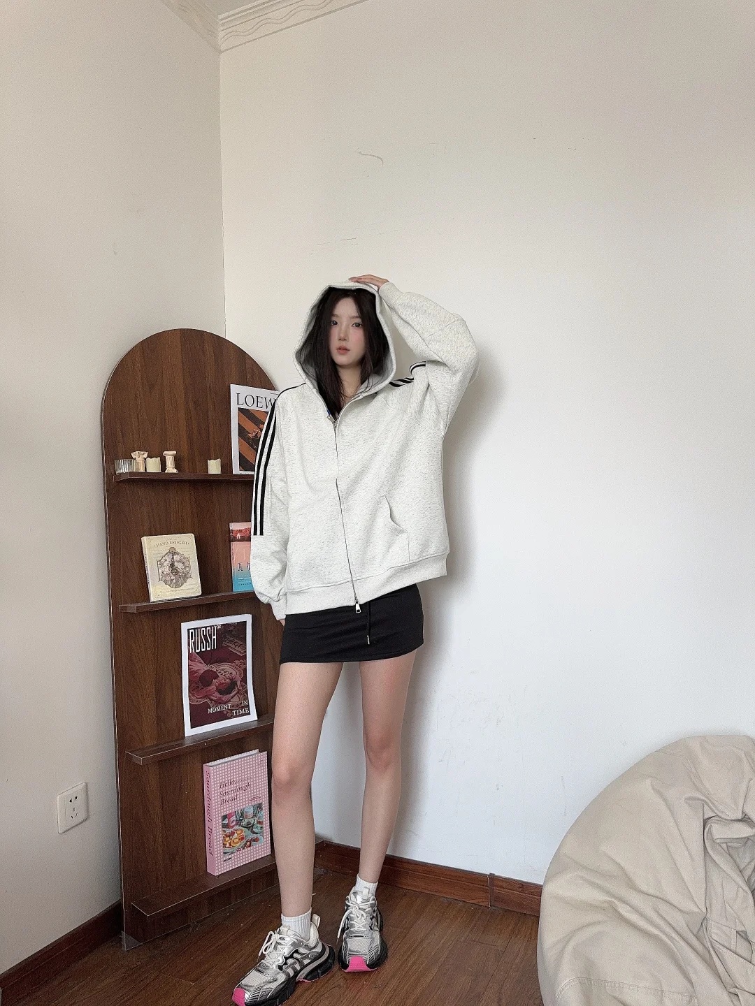 2025爆款美式潮牌撞色三条杠连帽卫衣女秋冬加绒保暖宽松休闲外套