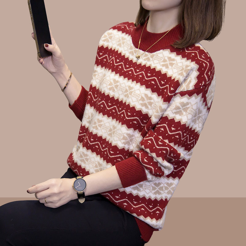 2025年秋冬新款宽松复古提花长袖针织打底衫上衣大码女装外搭毛衣