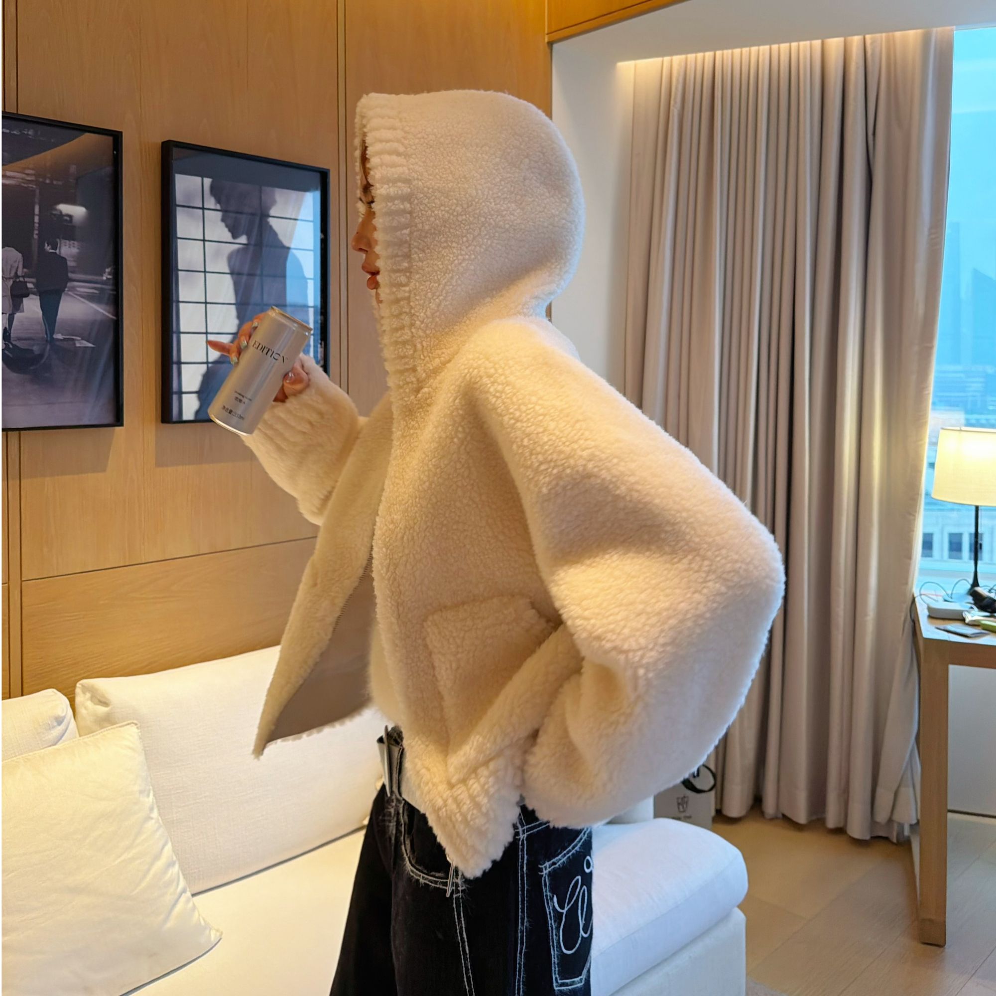 婉君【100绵羊毛】羊毛 时尚V领外套秋季毛绒皮草上衣LWJ25D4C3327