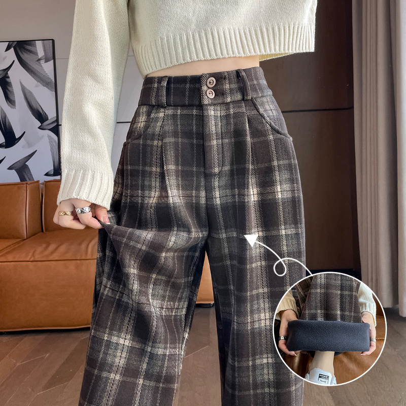 加绒加厚休闲格子裤子女秋冬2025新款高腰垂感窄版毛呢阔腿裤女