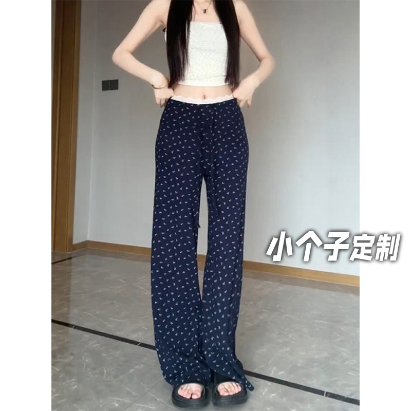 150小矮个子碎花蕾丝拼接休闲女秋冬高腰显瘦阔腿裤垂感拖地卫裤