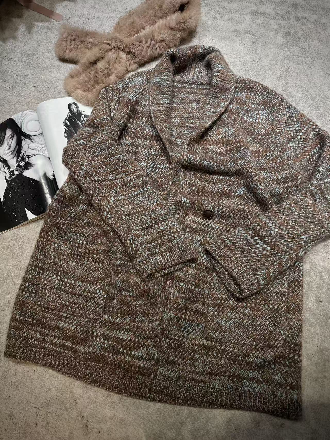 FANYE 2025冬季新款设计感重磅慵懒宽松山羊绒针织开衫50503