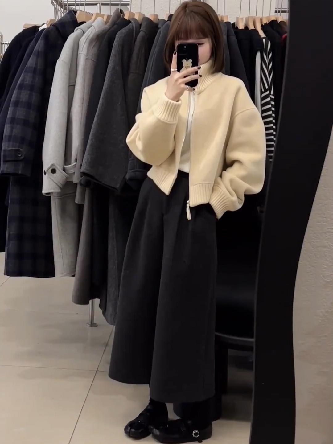 黑色八分毛呢阔腿裤女秋冬新款压褶小个子显瘦气质宽松休闲裤