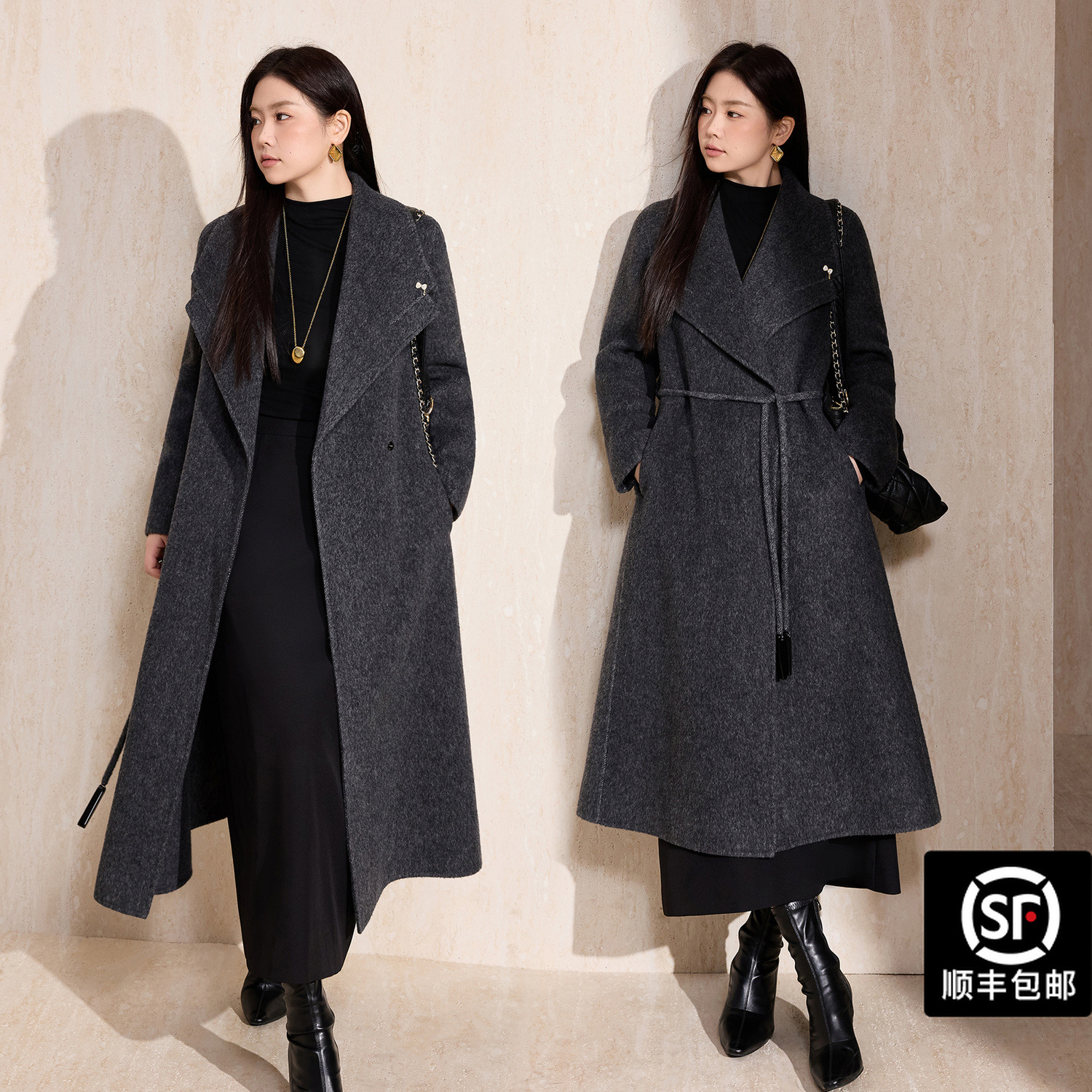 蓝语大码女装骆驼绒翻领长款双面呢大衣2025冬装澳毛宽松系带外套